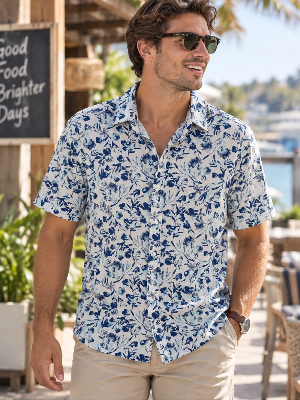 Porter & Ash Linen Rich Blue Floral Button Front Shirt Men’s Medium